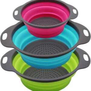 Set of 3 Niklye Ultimate Kitchen Strainers includes 1-10 inch & 2-12 inch. Collapsible Silicone Colanders For Easy Storage - Use with Pasta & Veggies or as a Fruit or Berry Bowl with Strainer., large