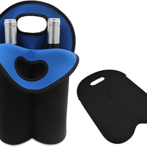 2 Bottle Wine Carrier Tote Bag for 750ML Wine Bottles, Neoprene Wine Bottle Travel Protector Bags, Reusable Insulated Wine Bag Tote Gift Bags for Travel/Restaurant/Party/Beach/Christmas, Black&blue