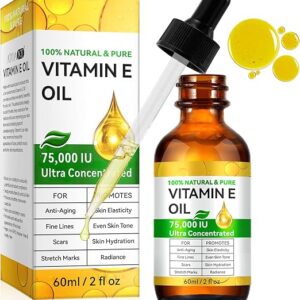 Vitamin E Oil, 75,000 IU, 100% Pure & Natural Vitamin E Oil for Skin, Face, Hair, Nails & Scars, Body Bath Moisturizing Dry Skin and Winkles, Non-GMO & Vegan (2 Fl Oz (Pack of 1))