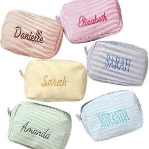 Generic Personalized Cosmetic Bag, Cute custom Makeup Bags for Women Girls Seersucker Bridesmaid Travel Makeup Bag, Aesthetic Toiletry Bag Organizer Storage Pouc