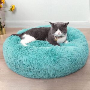 Cat Beds for Indoor Cats - Cat Bed Washable 20/24 inches, Dog Beds for Small Medium Dogs, Anti Anxiety Round Fluffy Plush Faux Fur Pet Bed, Thick Bottom (Blue, Medium)
