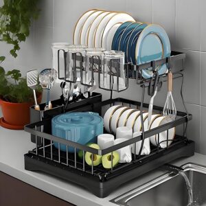 Large Dish Drying Rack for Kitchen Counter, Carbon Steel Dish Rack, Detachable Dish Drainer Organizer with Drainboard, Kitchen Utensil Hooks, Cup Holder and Cutlery Holder (Black, 2-Tiers)