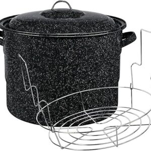 Canning Pot with Rack and Lid - Large 21 Quart Boiling Water Canning Set for Sterilizing and Preserving Jars on the Stovetop/Open Flame - Scratch Resistant Enamel and Steel Core (Black)